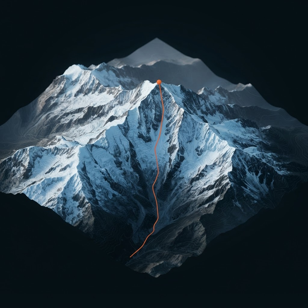 Concept 01 showing a shaded three-dimensional alpine terrain model with a marked descent route